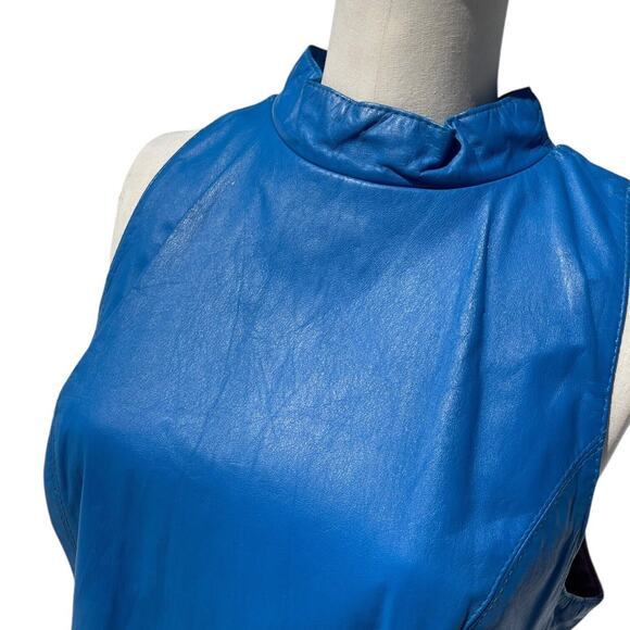 Vintage 80s Ambria Blue Leather Fitted Sleeveless High Neck‎ Dress Size 10 - Picture 2 of 13